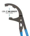 Close-up of Oil Filter And PVC Plier 209 With Adjustable Four Position Grip Nine Inch showing 1.75-3 inch jaw capacity.