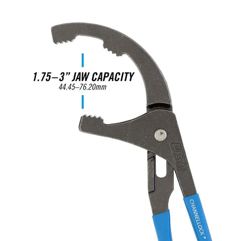 Close-up of Oil Filter And PVC Plier 209 With Adjustable Four Position Grip Nine Inch showing 1.75-3 inch jaw capacity.