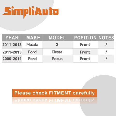 Fitment chart for Front Wheel Bearing and Hub Assembly 510056 Ready To Roll for Ford Focus, Ford Fiesta, Mazda 2 listed by year and model.