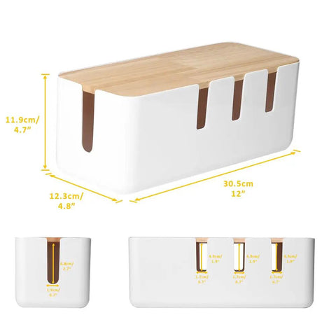 Cable Management Box With Wood Lid For Desk TV And Computer Cords Keep Power Strips And Cables Hidden Neat And Safe Fits Power Strips Under Eleven Point Four Inches Long By Four Point One Inches Wide For Easy Cable Organization in white with slots and wooden lid, shown with measurements.