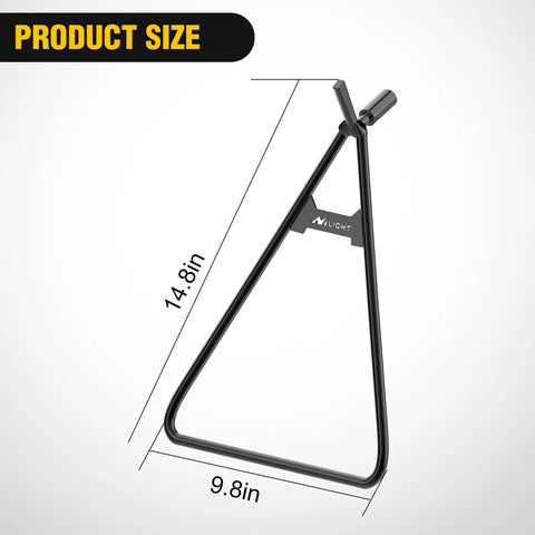 Universal Dirt Bike Kickstand Holder Triangle Side Stand For 80-500Cc Motocross Enduro Supermoto Pit Bike Built Tough In Heavy Duty Steel Fits Rear Axles 18mm 14mm And 11mm Black shown with dimensions 14.8in x 9.8in.