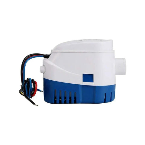 Side view of a white and blue 12V Submersible Bilge Pump For Boats With Built In Auto Float Switch 1200 GPH, with wires attached.