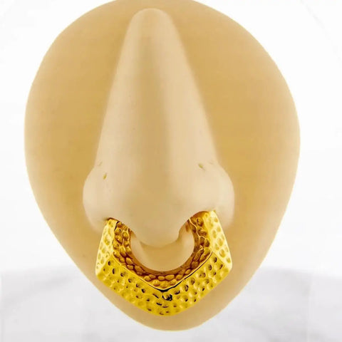 Gold V-shaped hinged clicker ring on mannequin, resembling Dope Hammered V Shaped Hinged Clicker Ring For Stretched Piercings.