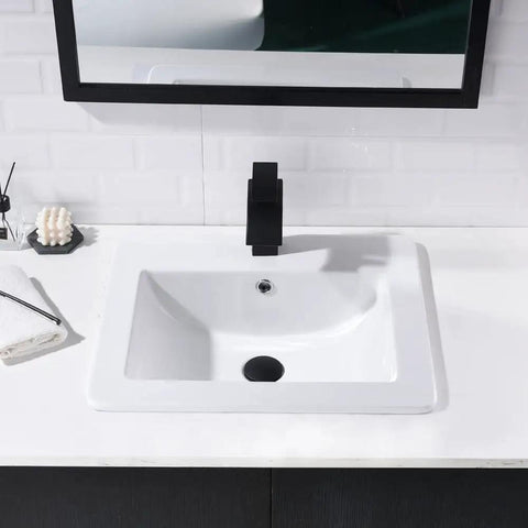 Drop In White Porcelain Vessel Sink With Black Faucet And Pop Up Drain, 21x18 Inch Bathroom Lavatory Basin, Durable Ceramic Glaze