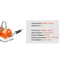 Heavy Duty Permanent Magnetic Lifter 100Kg To 1500Kg Pull Capacity with detailed specifications and dimensions on display.