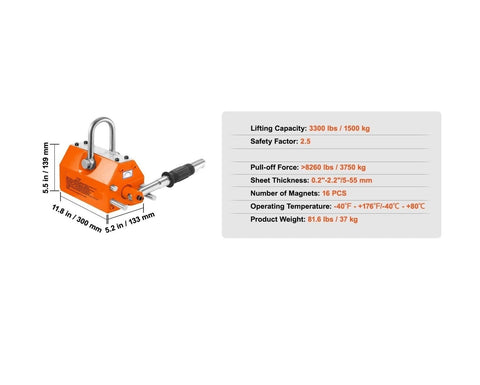 Heavy Duty Permanent Magnetic Lifter 100Kg To 1500Kg Pull Capacity with detailed specifications and dimensions on display.