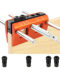 Patented Self Centering Dowel Jig Kit for Woodworking, pro grade drilling guide with adjustable clamp and multiple bushings