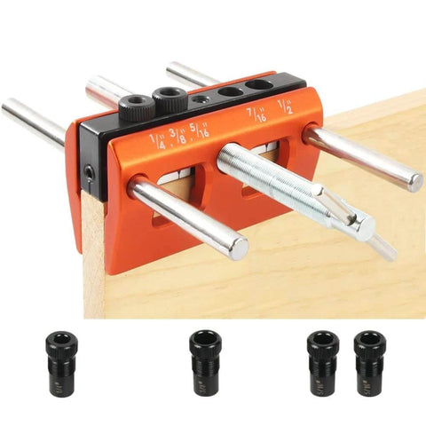 Patented Self Centering Dowel Jig Kit for Woodworking, pro grade drilling guide with adjustable clamp and multiple bushings