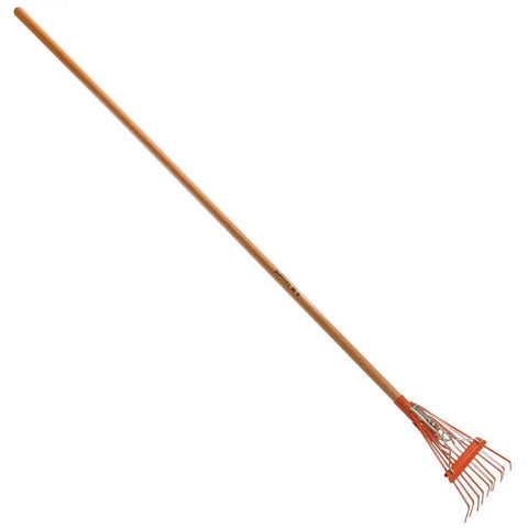 Narrow Shrub Rake For Tight Spots, 8 Inch Wide Head, 54 Inch Long Handle, hardwood grip, reinforced tines with spring