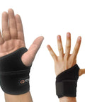 Black Infused Copper Wrist Wrap for Pain Relief and Support shown on both left and right hands, featuring adjustable orthopedic strap.
