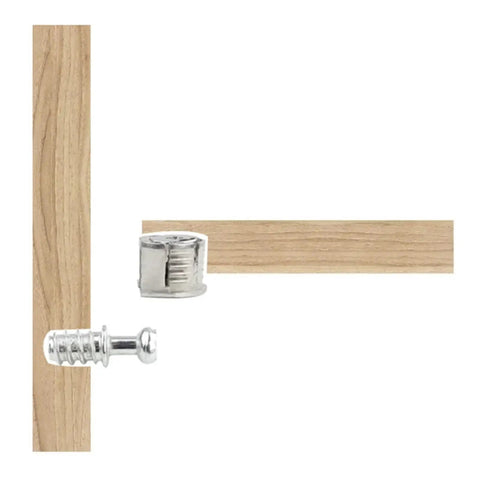 Interlocking Cam Lock Pins For DIY Furniture Kit shown with wooden cabinet bracket and silver hardware for strong joints.