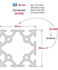 25 Series 50x50 T-Slot Aluminum Extrusion For DIY Builds, 6063-T6 Anodized Clear Finish, 50mm Square Profile, 80/20 Style Linear Rail Bar, A True Workhorse For Custom Machines, CNC Guides, And Modular Framing, 305mm Length. 25 Series 50x50 profile diagram with 50mm dimensions and 8 T-slots