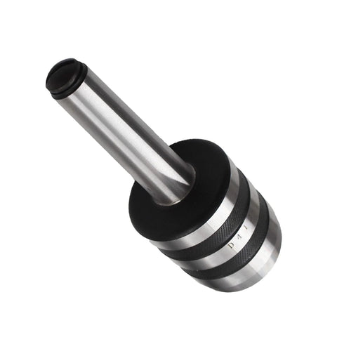 MT2 live center with 2MT Morse taper; steel body and knurled collar, side-angle view