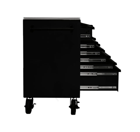 Side view of 72 Inch Roller Cabinet With Stainless Steel Top RS Pro Workstation Midnight Black Heavy Duty Tool Chest with open drawers.