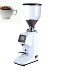 Kickstart Your Morning Game With This Top Shelf Commercial Flat Burr Coffee Grinder Featuring Nineteen Easy Grind Adjustments And A Sleek Ivory Shell For No Sweat Cup Refills At Home Or Cafe, featuring a digital interface and coffee beans.