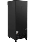 Pro Grade Merchandiser Freezer With 23 Cubic Foot Capacity Slick Black Finish Built Tough For Busy Shops Features Four Heavy Duty Epoxy Shelves And Hassle Free Casters Delivers Killer Cold Storage Right Down To Minus Ten Degrees Fahrenheit side view with exposed back and casters