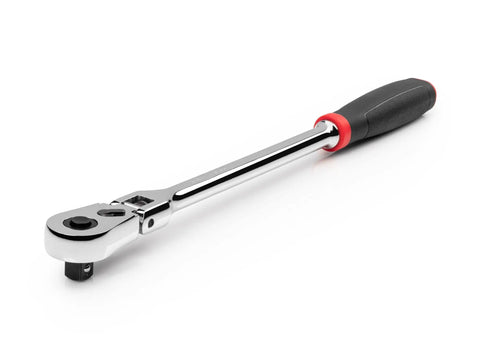 Three Eighths Inch Drive Flex Head Long Ratchet With Quick Release Comfort Grip, 12 Inch Reach, showcasing 180 Degree Flex head angle