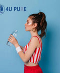 Woman holding water bottle next to 4U Pure logo, representing Water Filter Replacement Pack Of 3 For Frigidaire PureSource Ultra II EWF02 Systems.