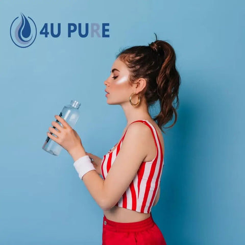 Woman holding water bottle next to 4U Pure logo, representing Water Filter Replacement Pack Of 3 For Frigidaire PureSource Ultra II EWF02 Systems.