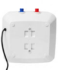 Back view of 110V Plug And Play Mini Tank Water Heater 3.96 Gallon with red and blue knobs for hot and cold water.