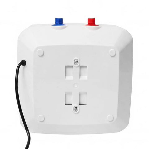 Back view of 110V Plug And Play Mini Tank Water Heater 3.96 Gallon with red and blue knobs for hot and cold water.