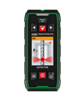 Straight Up Heavy Duty Wall Scanner And Dead On Stud Finder With Built In 120 Meter Laser Tape Measure For Spotting Wood Metal Ac Wiring Plus Rebar Zero Hassle Setup Fast Rechargeable Battery And Sharp Color Display on a detector with screen showing measurement.