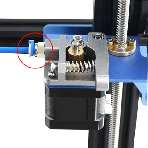 M10 Straight Pneumatic Push Fitting Connector installed on E3D V6 Bowden Extruder for Ender 3 CR10 3D printer, close-up view.