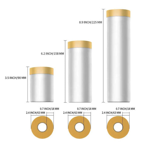 Tape And Drape Set For Automotive Painting Coverage, three white rolls with tan caps, dimensions and sizes illustrated, 66 feet total.