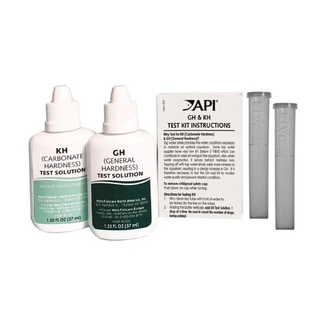 Slick Freshwater Aquarium GH And KH Water Test Kit Featuring Pro Level Liquid Reagents for clear testing solutions and instructions.
