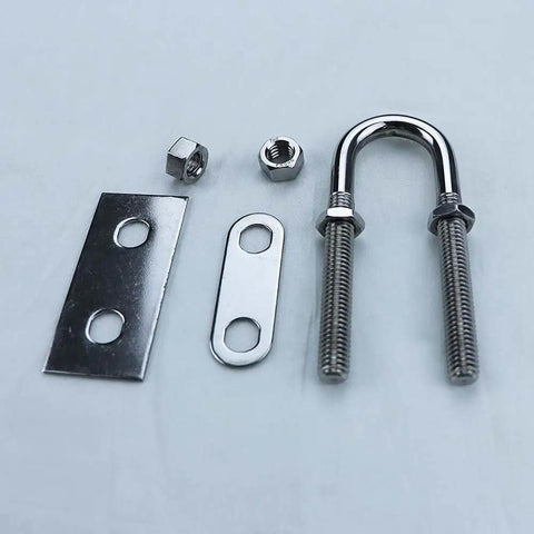 4 Inch Stainless Steel Marine Bow And Stern Eye Tie Down U Bolt Set 2 Pieces For Rock Solid Boat Rigging And Deck Mounts With Heavy Duty 316 Grade Corrosion Resistant Finish showing bolts, nuts, and plates.
