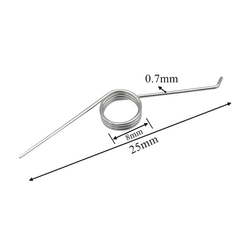 Side view of five silver stainless steel 3-coil torsion springs, 0.7mm wire, 25mm long, 8mm coil diameter.