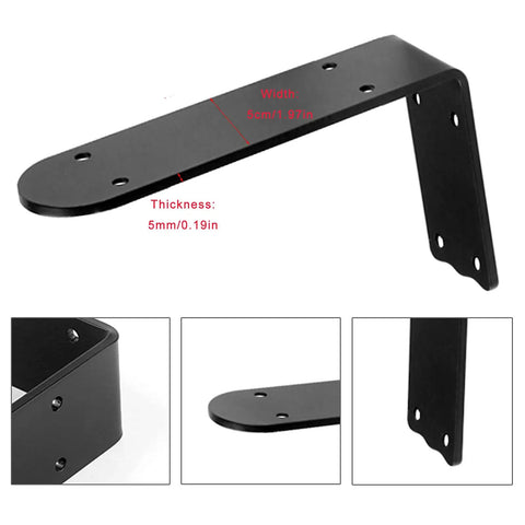 Black L Shaped Shelf Brackets Built Like A Tank Heavy Duty Metal Wall Mounts 2 Pack showing 11.8 inch rust proof iron design detail.
