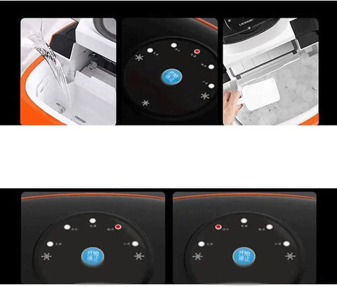 Portable Countertop Ice Maker Machine Rapid Six Minute Freeze showing water filling, control panel, and ice cubes storage.