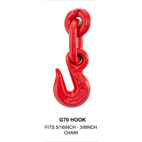 Heavy Duty Chain Binder Five Sixteenths To Three Eighths Inch Ratchet Load Binder With 6600 Lbs Capacity And G70 Hooks Adjustable Length For Tie Down Hauling And Towing Red, close-up of G70 red hook for 5/16 - 3/8 inch chain.