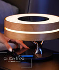 Bedside Smart Lamp Shade With Bluetooth Speaker Fast Wireless Qi Charger on nightstand, modern maple wood design