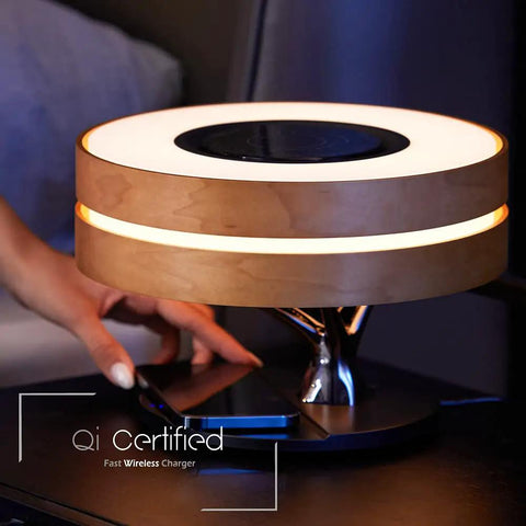Bedside Smart Lamp Shade With Bluetooth Speaker Fast Wireless Qi Charger on nightstand, modern maple wood design