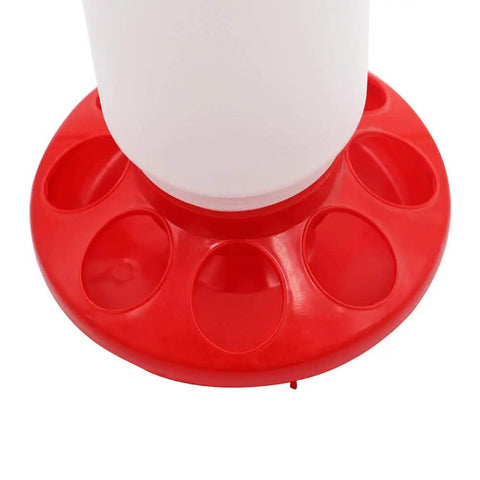 Heavy Duty Automatic Poultry Feeder With Waste Free Base And Clear Sight Jar showing red base with feed trays for easy access.