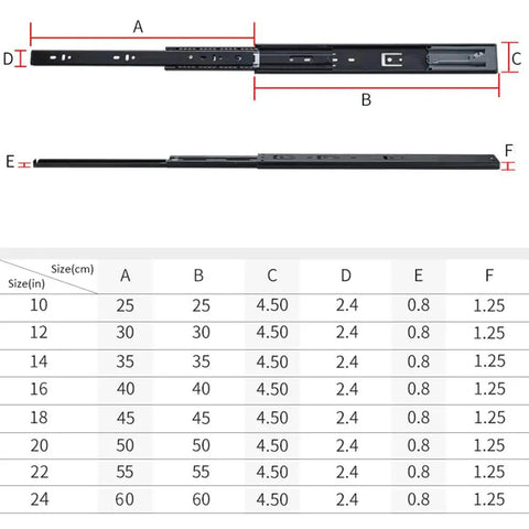 Diagram of Beefy 12 Inch Drawer Slides Two Pack Full Extension Bottom Mount Three Fold Hidden Rails With Ball Bearing Track
