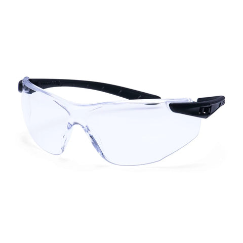 Badass WrapAround Safety Glasses With Hella Comfort Nylon Frame And Tight Adjustable Arms For Top Shelf Polycarbonate Lens Eye Protection On Industrial Heavy Duty Jobsites, clear lens, black frame.