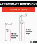 CURT weld-on pipe-mount swivel trailer tongue jack, 5,000 lb capacity, two-view diagram with CURT logo