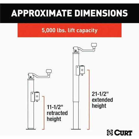 CURT weld-on pipe-mount swivel trailer tongue jack, 5,000 lb capacity, two-view diagram with CURT logo