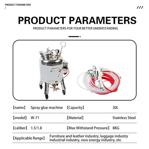 Heavy Duty 30 Liter Stainless Steel Glue Sprayer With 1.8 Mm Nozzle Pressure Gauge And Eight Meter Air Line, shown with parameters.