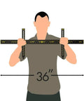 Person holding 36-inch Picture Hanging Tool Kit with Built-In Level and Ruler, showing tool size and use.
