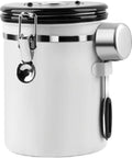 Solid Vacuum Sealed Coffee Canister With Date Dial Crafted From Heavy Duty 304 Stainless Steel Moisture Proof Jar side view with a silver clasp.