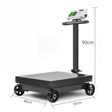Heavy Duty Foldable Digital Floor Scale With Crisp HD LCD Display Rechargeable Battery For Luggage And Shipping Packages 660 Pound Capacity side view with dimensions