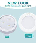 Comparison of old and new designs for battery powered under cabinet lights with tap technology, wireless LED puck lights for kitchen.