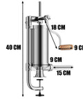 Stainless Steel Vertical Sausage Maker Filler with dimensions, manual crank, and suction base for small businesses, 2.5 lbs capacity.