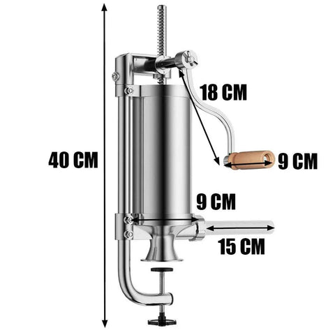 Stainless Steel Vertical Sausage Maker Filler with dimensions, manual crank, and suction base for small businesses, 2.5 lbs capacity.