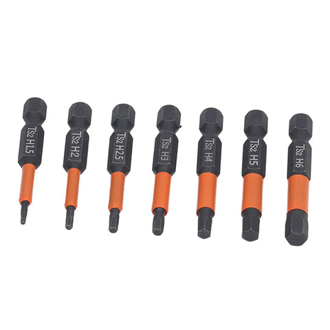 Must Have 7-Piece S2 Alloy Steel Hex Drive Bit Set For Impact Drivers And Electric Drills With Magnetic Tips, Heat Treated Wear Resistant Bits Designed To Stop Breakage And Handle Heavy Duty Work Today, seven bits lined up