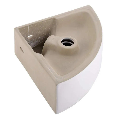 Bottom view of Wall Mount Corner Vessel Sink With Chrome Faucet And Pop Up Drain, showing white porcelain and mount structure.